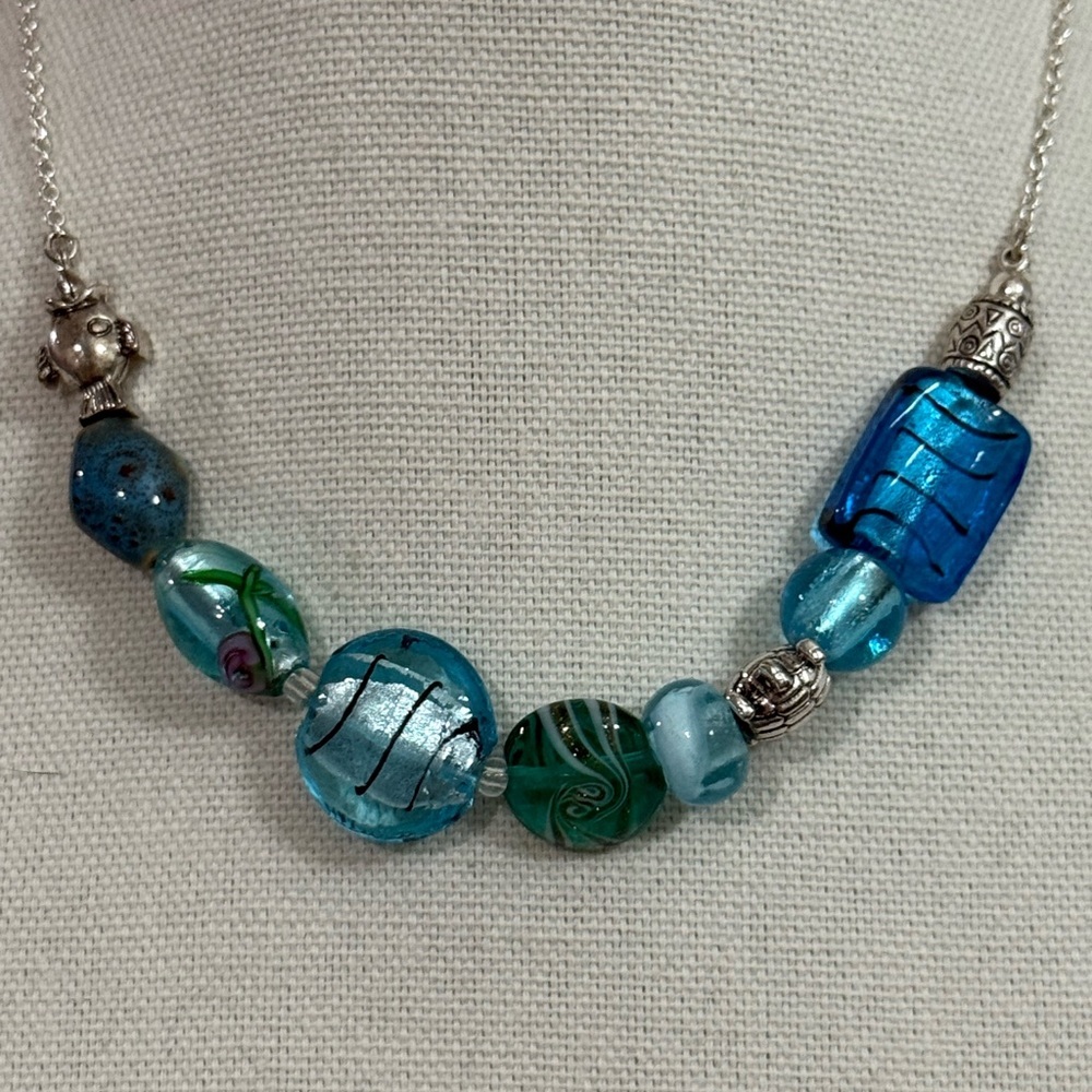 Oceanic Blue and Silver Necklace with Crystal Beads